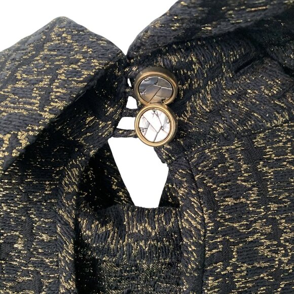 Mart Size 0 Metallic Gold Black Structured Mini Dress Lambskin Leather Trim Silk - Picture 5 of 13